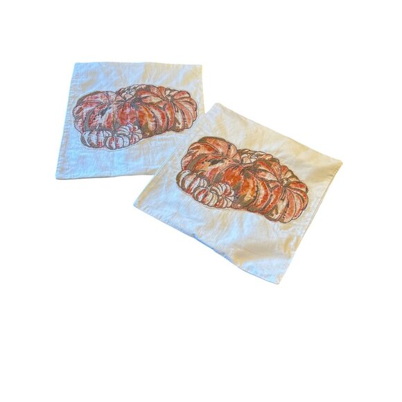 Set Of 2 Pottery Barn Pumpkin Embroidered Cotton Pillow Covers 20" X 20" Autumn - Picture 1 of 6